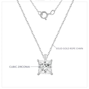 LUXGEM 10K White Gold Princess Cut Pendant Necklace | 1 Carat Cubic Zirconia