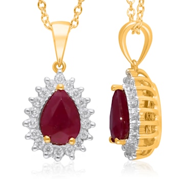 KALLATI 14K Yellow Gold Ruby and Diamond Halo Dangle Pendant with Chain 0.80ctw