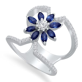 KALLATI White Gold 1.25 ctw Sapphire and Diamond Flower Ring