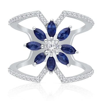 KALLATI White Gold 1.25 ctw Sapphire and Diamond Flower Ring
