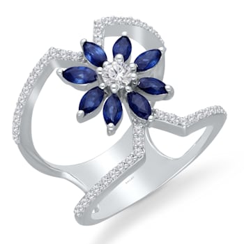 KALLATI White Gold 1.25 ctw Sapphire and Diamond Flower Ring