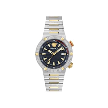 Greca Logo Mens Watch Two Tone Case Blue Guilloché Dial Two Tone Bracelet