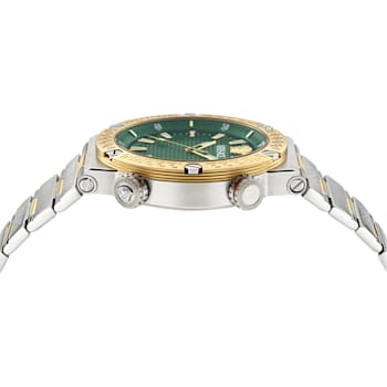 Greca Logo Mens Watch Two Tone Case Green Guilloché Dial Two Tone Bracelet