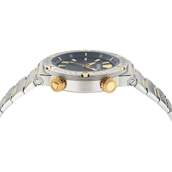 Greca Logo Mens Watch Two Tone Case Blue Guilloché Dial Two Tone Bracelet