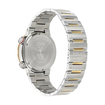Greca Logo Mens Watch Two Tone Case Green Guilloché Dial Two Tone Bracelet