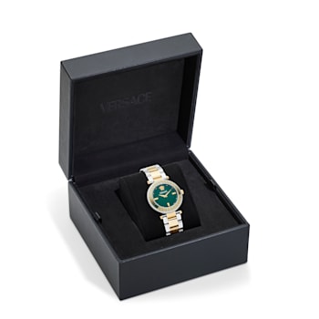 Versace Reve Womens Watch Two Tone Case Green Guilloché Dial Two Tone Bracelet