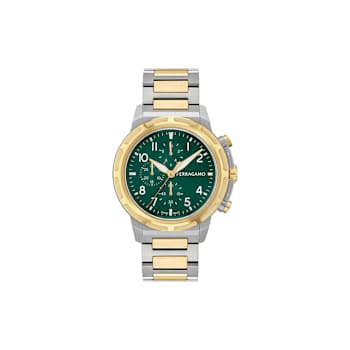 Ferragamo Sport Chrono Green Dial Two-tone Stainless Steel Bracelet Watch