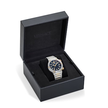 Greca Logo Mens Watch Two Tone Case Blue Guilloché Dial Two Tone Bracelet