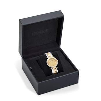 Versace Reve Womens Watch Two Tone Case Gold Guilloché Dial Two Tone Bracelet