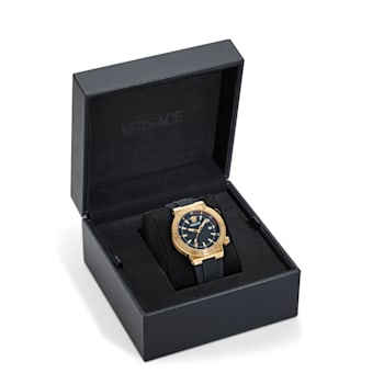 Greca Logo Mens Watch IP Yellow Gold Case Black Guilloché Dial Recycled
PU Strap