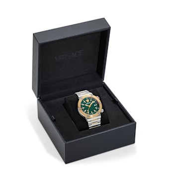 Greca Logo Mens Watch Two Tone Case Green Guilloché Dial Two Tone Bracelet