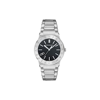 Ferragamo Sapphire Logo Black Matte Dial Stainless Steel Bracelet Watch