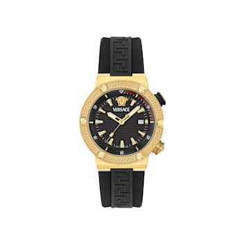 Greca Logo Mens Watch IP Yellow Gold Case Black Guilloché Dial Recycled
PU Strap
