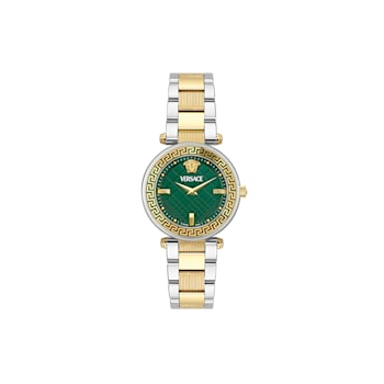 Versace Reve Womens Watch Two Tone Case Green Guilloché Dial Two Tone Bracelet