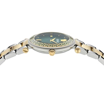 Versace Reve Womens Watch Two Tone Case Green Guilloché Dial Two Tone Bracelet