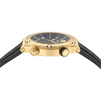 Greca Logo Mens Watch IP Yellow Gold Case Black Guilloché Dial Recycled
PU Strap