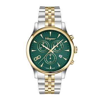 Ferragamo Duo Chrono Green Dial Two-tone Stainless Steel Bracelet Watch
