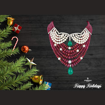 Andreoli Ruby Beads, Emerald, And Pearl Statement Necklace