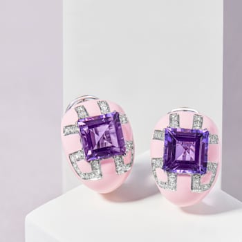 Andreoli Pink Enamel Amethyst And Diamond Earrings