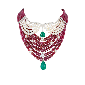 Andreoli Ruby Beads, Emerald, And Pearl Statement Necklace