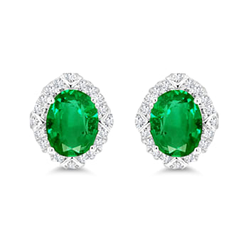 14K White Gold Emerald and White Diamond Earrings