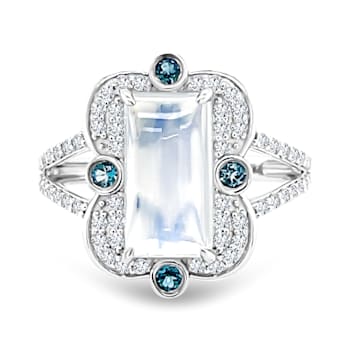 18K White Gold Moonstone, London Blue Topaz, and Diamond Ring 4.97ctw