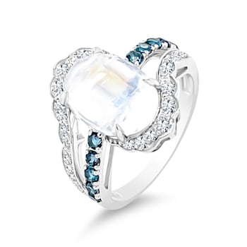 18K White Gold Moonstone, London Blue Topaz, and Diamond Ring 4.39ctw