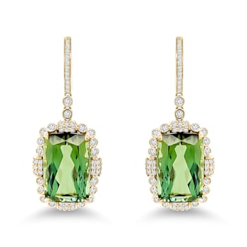 14K Yellow Gold Green Tourmaline and Diamond Earrings