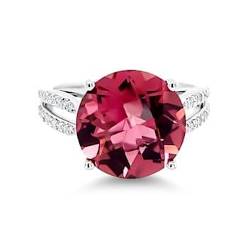 14K Rhodium Over White Gold Round Pink Tourmaline and Round Diamond Ring 6.64ctw