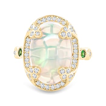 18K Yellow Gold Ethiopian Opal, Tsavorite, and Diamond Ring 4.29ctw