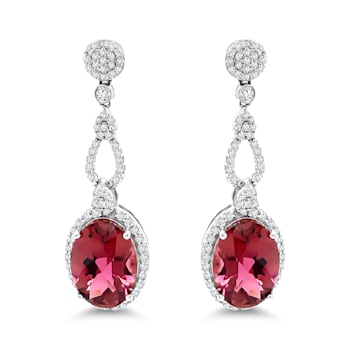 14K Rhodium over White Gold Pink Tourmaline and Diamond Dangle Earrings 12.43ctw