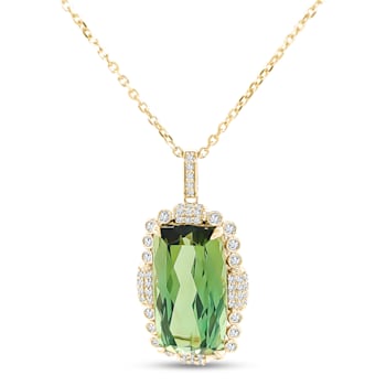 14K Yellow Gold Green Tourmaline and Diamond Pendant with Chain 13.76ctw