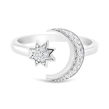 White Sapphire Round Star and Moon Design Ring, Sterling Silver