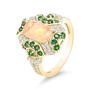 18K Yellow Gold Ethiopian Opal, Tsavorite, and Diamond Ring 1.97ctw