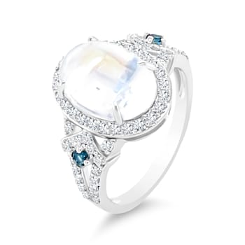 18K White Gold Moonstone, London Blue Topaz, and Diamond Ring 4.12ctw