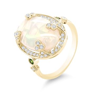 18K Yellow Gold Ethiopian Opal, Tsavorite, and Diamond Ring 4.29ctw