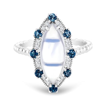 18K White Gold Moonstone, London Blue Topaz, and Diamond Ring 3.22ctw