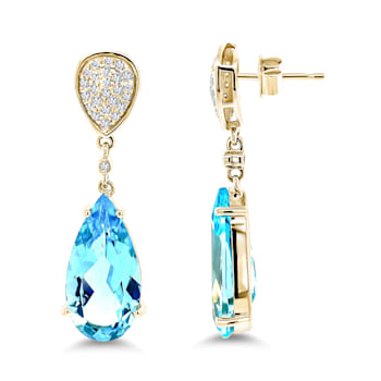14K Yellow Gold Blue Topaz and White Diamond Earrings