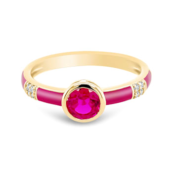 14K Yellow Gold Enamel Ring with  Created Ruby and Diamond