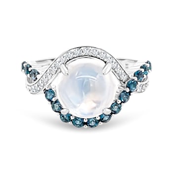 18K White Gold Moonstone, London Blue Topaz, and Diamond Ring 4.36ctw