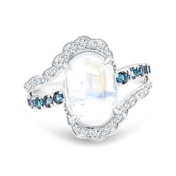 18K White Gold Moonstone, London Blue Topaz, and Diamond Ring 4.39ctw