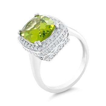 14K Rhodium Over White Gold Cushion Peridot and Diamond Ring 4.22ctw