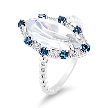 18K White Gold Moonstone, London Blue Topaz, and Diamond Ring 3.22ctw
