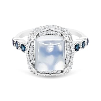 18K White Gold Moonstone, London Blue Topaz, and Diamond Ring 5.09ctw