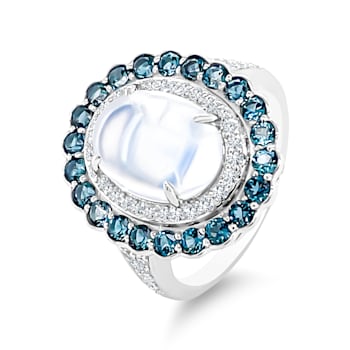 18K White Gold Moonstone, London Blue Topaz, and Diamond Ring 4.29ctw