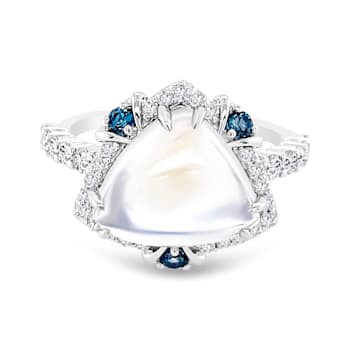 18K White Gold Moonstone, London Blue Topaz, and Diamond Ring 5.24ctw
