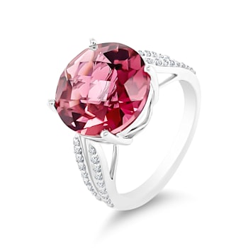 14K Rhodium Over White Gold Round Pink Tourmaline and Round Diamond Ring 6.64ctw
