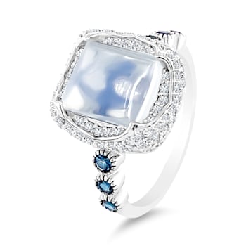 18K White Gold Moonstone, London Blue Topaz, and Diamond Ring 5.09ctw