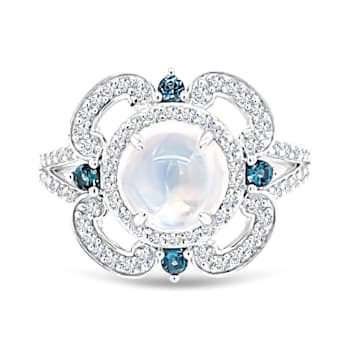 18K White Gold Moonstone, London Blue Topaz, and Diamond Ring 2.69ctw