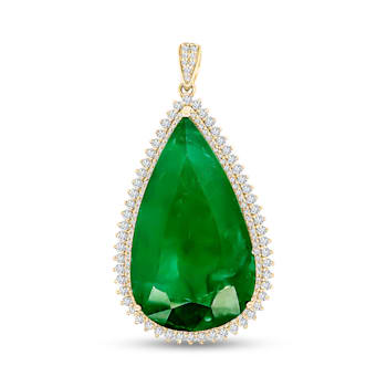 14K Yellow Gold Pear Shape Emerald and Round Diamond Pendant 47.27ctw